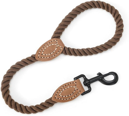 Mile High Life Short Dog Leash, Braided Cotton Rope Leashes with Leather Tip - Heavy Duty Metal Clasp, 18IN, 1/2" Thick - Wedding, Walking & Training Leash for Medium Large Dogs