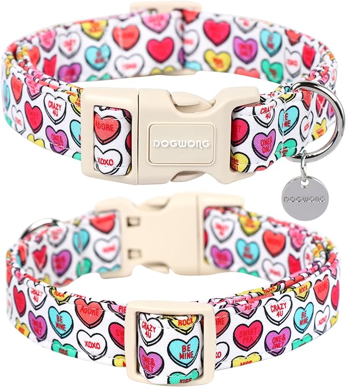 DOGWONG Valentine's Dog Collar, Adjustable, Durable, Heart Candy, Small, Cotton, Unique Valentine's Day Design, Soft and Breathable, Breakaway Closure