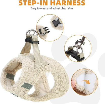 KOOLTAIL Plush Small Dog Harness and Leash Set, Warm Fleece No Pull Puppy Vest for Winter, Lightweight Reflective Step in Pet Harness for Medium Sized Dogs Boy Girl Outdoor Walking Cute Soft, Beige M