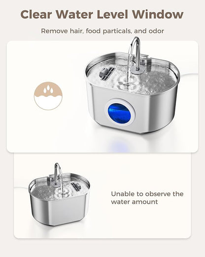 Cat Water Fountain Stainless Steel: 74oz/2.2L Cat Fountain for Drinking- Pet Water Fountain Inside - Automatic Dog Watering Dispenser Bowl - Pet Feeding & Watering Supplies - Water Level Window