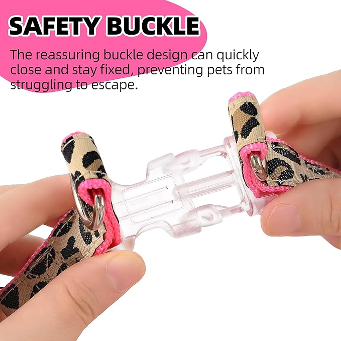 Mile High Life Leopard Dog Harness Collar Leash Set, Adjustable No Pull Dog Halter Harness for Small Breed Dogs, Easy Control for Training Walking (Pink, M Chest 15"-21", Neck 13"-17")
