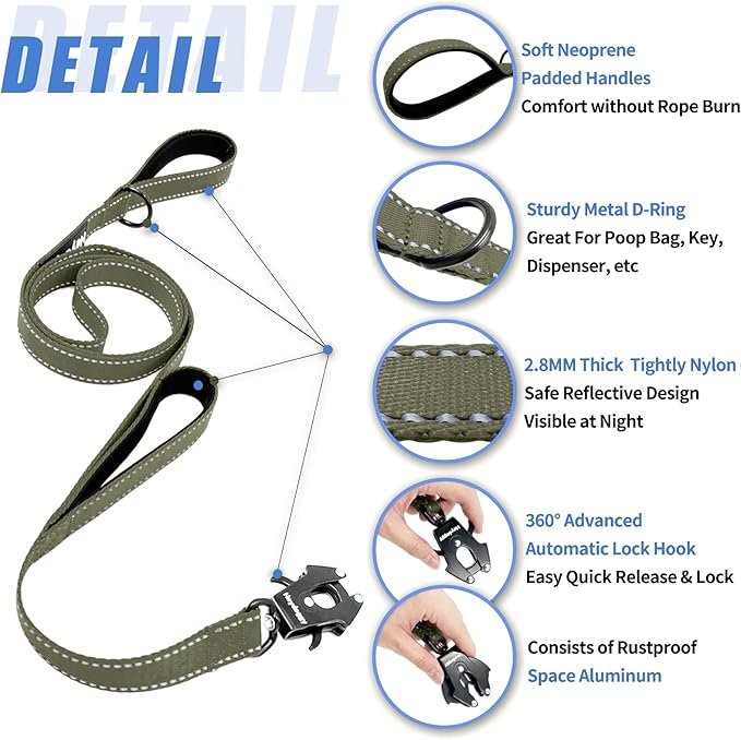 Strong Heavy Duty Dog Leash - 5ft Reflective Nylon Training Leash with Soft Padded Double Handle & Auto Lock Frog Clip - Safety Traffic Control for Large Medium Small Dogs No Pull Walk Army Green,6ft