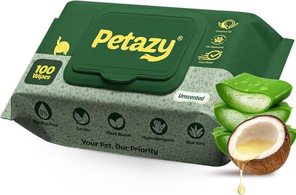 Petazy Dog Wipes for Paws and Butt Ears Eyes | Unscented Natural Pet Wipes for Dogs | Hypoallergenic Dog Wipes Cleaning Deodorizing | Extra Thick Plant Based Wipes Dogs Cats Pets | 100 Count