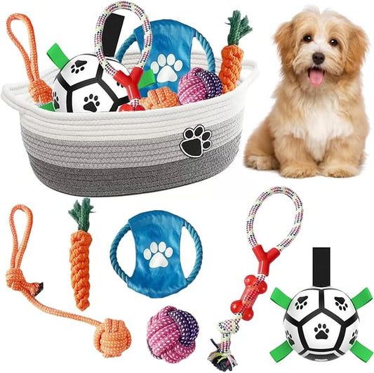 Domchan 7 Pcs Puppy Dog Toys Storage Basket Set Dog Gift Chew Toys for Teething Squeaky Plush Duck Rope Woven Basket with Handles for Small Puppy