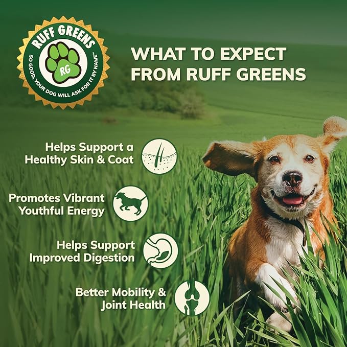 Ruff Greens - Dog Food Topper, Hip & Joint Supplement for Dogs - Probiotics Digestive Enzymes Powder for Mobility Support, Essential Vitamins & Minerals, 6.9 Ounce