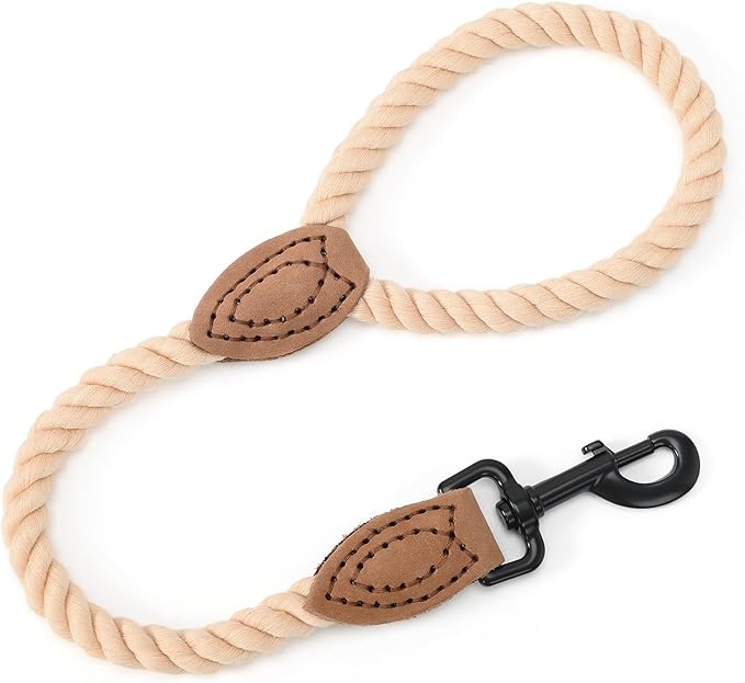 Mile High Life Short Dog Leash, Braided Cotton Rope Leashes with Leather Tip - Heavy Duty Metal Clasp, 18IN, 1/2" Thick - Wedding, Walking & Training Leash for Medium Large Dogs