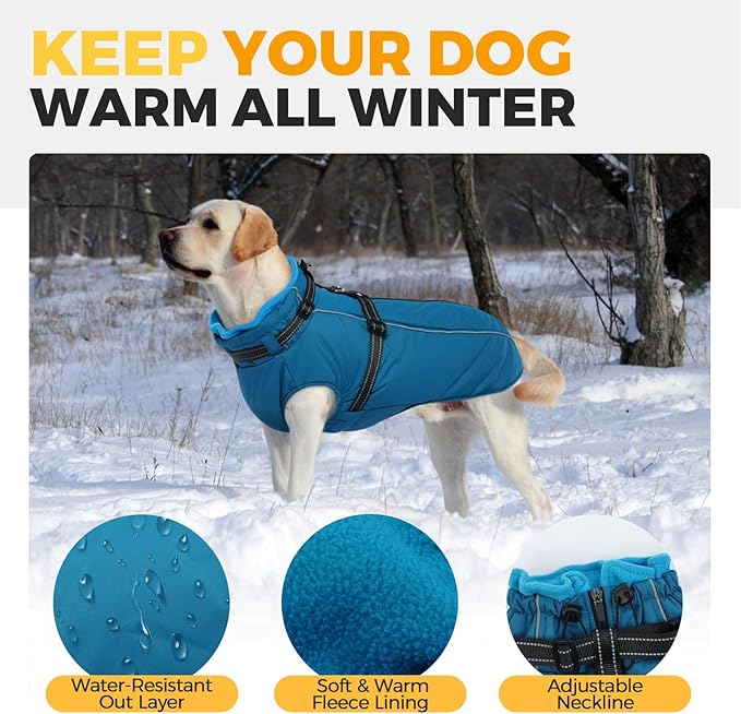 Lelepet Dog Coat for Large Dogs Waterproof Dog Jacket with Harness Built in Reflective Windproof Fleece Jacket with Zip Warm Winter Coats for Dogs Cozy Thermal Pet Snowsuit, Border Collie, Blue, XL