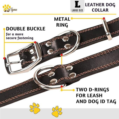 ADITYNA Heavy Duty Leather Dog Collar for Large Dogs - Soft and Strong Black Leather Collar for Walking and Training (Large: Fit 17" - 23" Neck, Black)