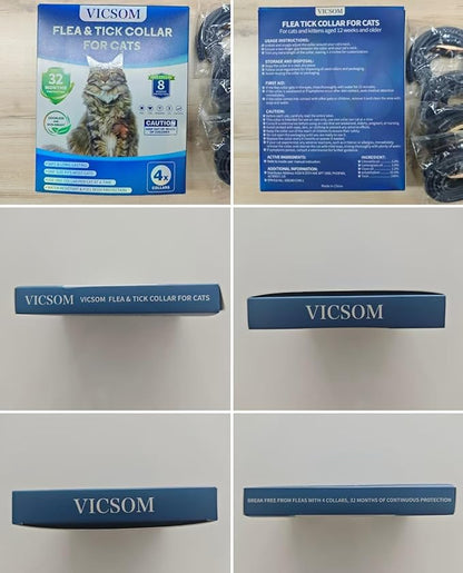 VICSOM 4 Pack Flea and Tick Collar for Cats, 32 Months Treatment, Waterproof Adjustable Kitten Flea Collar, Flea Prevention, Black
