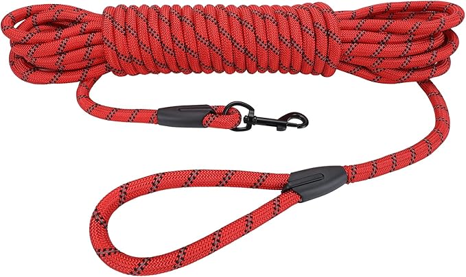 Long Dog Leash for Training 30Ft-Reflective Nylon Rope with Swivel Hook-Recall Agility Lead for Large Small Medium Dogs Outside Walking Hiking-Red Diam 1/2"