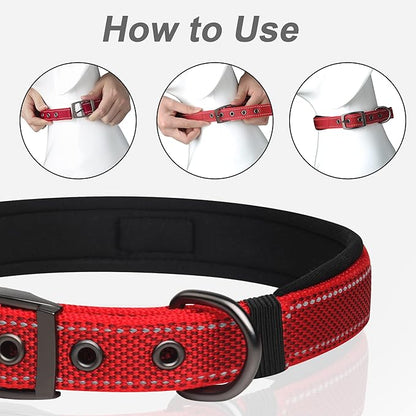 PetiFine Dog Collars for Medium Dogs, Neoprene Padded and Adjustable, Reflective Wide Heavy Duty Pet Collars with Durable Metal Belt Buckle for Walking, Red, M