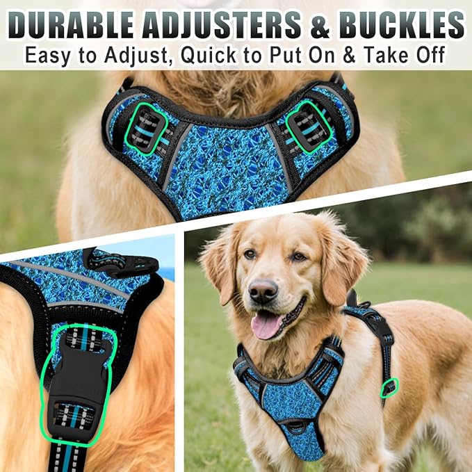 BARKBAY No Pull Dog Harness Large Reflective Dog Harness with Front Clip and Easy Control Handle for Walking Training Running with ID tag Pocket(Blue/Black,L)