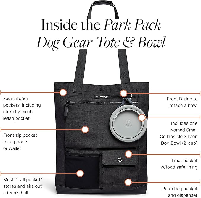 Cleverpup Park Pack 2-Piece Set Dog Gear Tote – Dog Travel Bag with 8 Pockets, Treat Pouch, Poop Bag Dispenser, Quick-Dry Ball Pocket, Collapsible Bowl, Perfect for Walks & Park Trips, Graphite