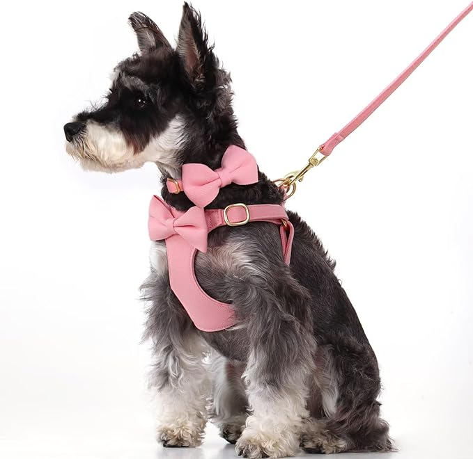 Beirui Adorable Small Dog Harness Collar and Leash Set,Cute Puppy Harness Set with 3 Bows for Small Dogs,Shih Tzu,Dachshund,Adjustable Step-in Vest for Daily Walking,Parties&Holiday Outfits(Pink,S)