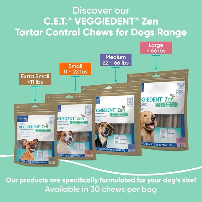 Virbac C.E.T. VEGGIEDENT Zen Tartar Control Chews for Dogs - Multifunctional to Support Mental Well-Being, VOHC Approved - Medium 22-66lbs