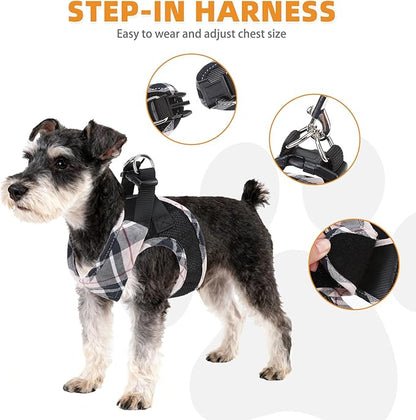 KOOLTAIL Small Dog Harness and Leash Set, Step in No Pull Soft Mesh Padded Pet Vest Harness Collar for Extra Small Size Dogs Cats Boy Girl, Breathable & Lightweight Plaid Puppy Harness, Beige XS
