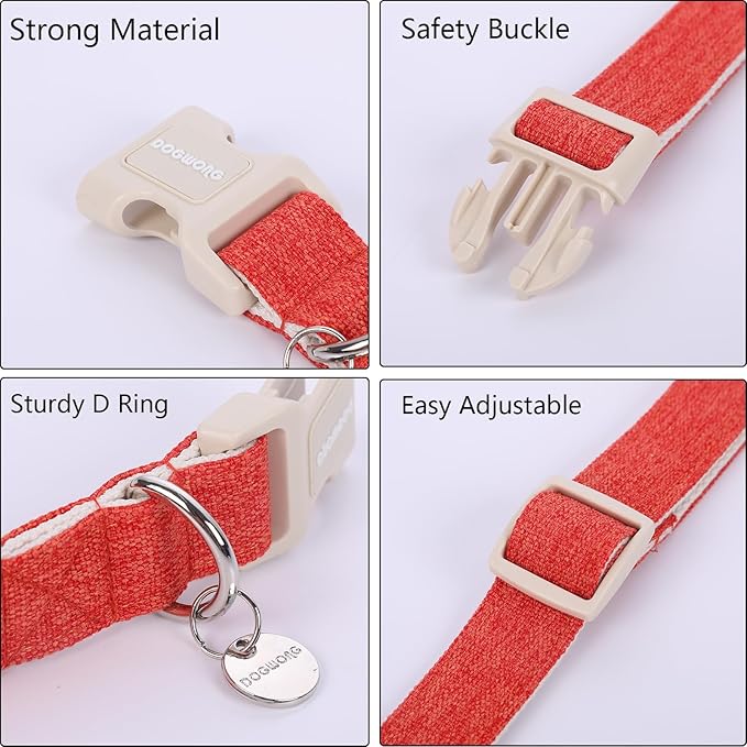 DOGWONG Cotton Hemp Dog Collar, Heavy-Duty Orange Dog Collar Adjustable Soft Natural Fabric Pet Dog Collar Cute Fall Puppy Necklace for Small Medium Large Dogs