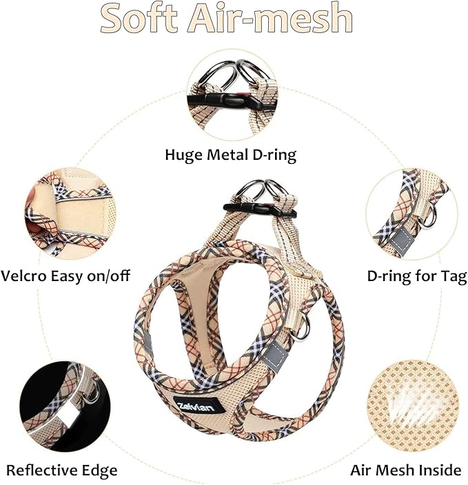 Zelvian Cat Harness and Leash Set for Walking, Escape Proof Adjustable Soft Mesh Kitten Harness with Reflective Strips, Breathable No-Choke Pet Vest for Medium Cats or Small Dogs(Beige,M)