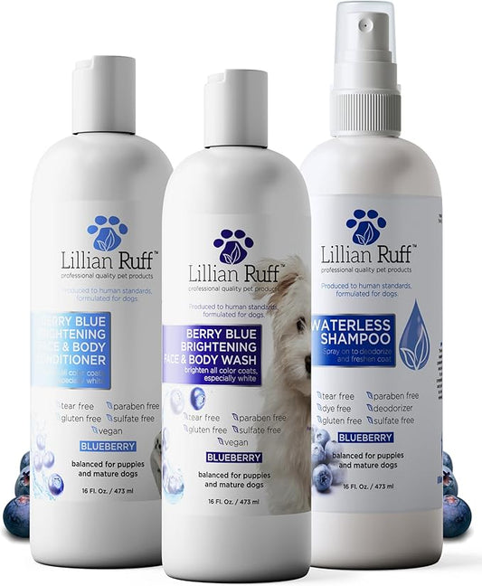 Lillian Ruff PRO Formula Berry Blue Brilliance Bundle - Ultimate Tear Stain & Odor Eliminator Set, Includes Berry Blue Shampoo, Conditioner & Waterless Shampoo, Hydrate, Soften & Detangle, USA Made