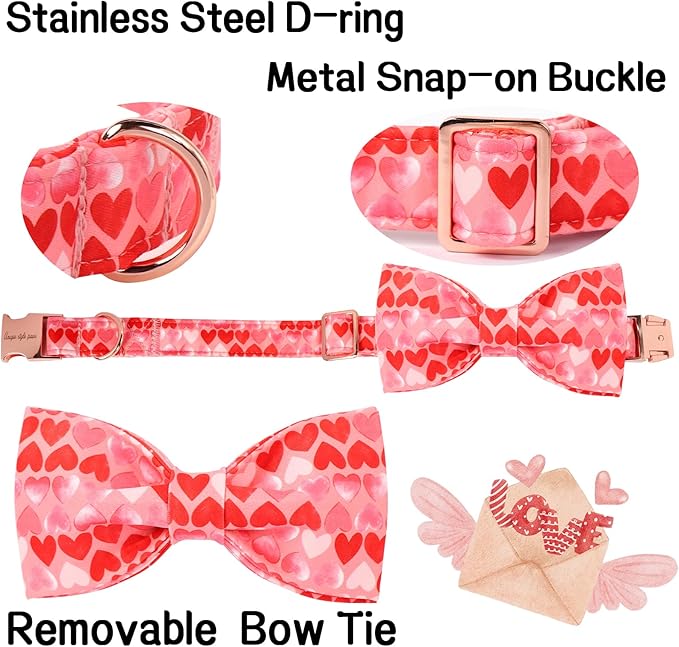 Unique Style Paws Valentine's Dog Collar with Bow Love Heart Cotton Puppy Collars Wedding for Small Medium Large Dogs