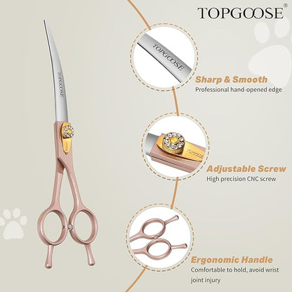 TOPGOOSE Professional Curved Dog Grooming Scissors 7.5'' 440C Stainless Steel Pet Cutting Shears Safety Trimming Shearing for Dogs Cats (Rose Gold, Curved Shear)