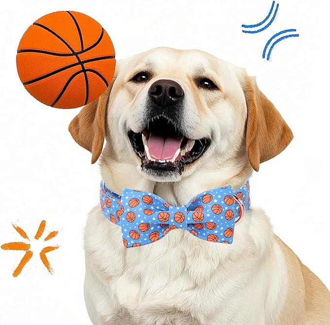 Cute Boy Dog Collar with Bow Tie - Adjustable Blue Basketball Bowtie Collar Spring-Summer Breathable Comfort Dog Collars for Small Medium Large Dogs M