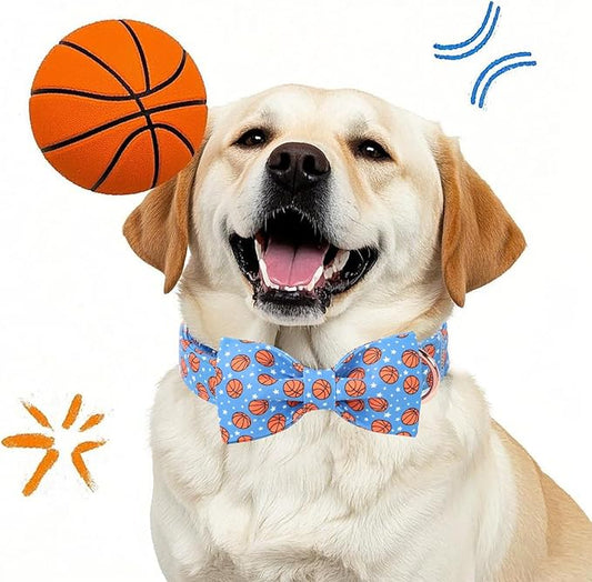 Cute Boy Dog Collar with Bow Tie - Adjustable Blue Basketball Bowtie Collar Spring-Summer Breathable Comfort Dog Collars for Small Medium Large Dogs L