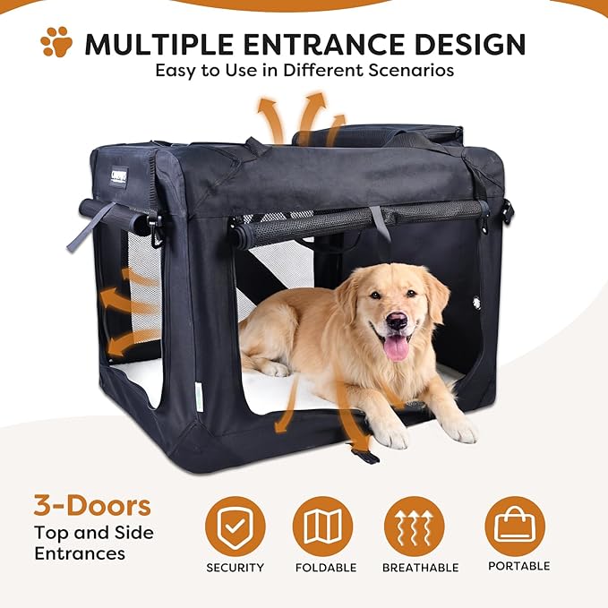 JESPET Soft Dog Crates Kennel for Pets, 3 Door Soft Sided Folding Travel Pet Carrier with Straps and Fleece Mat for Dogs, Cats (Graphite Black, X-Large(36" L x 24" W x 27" H))