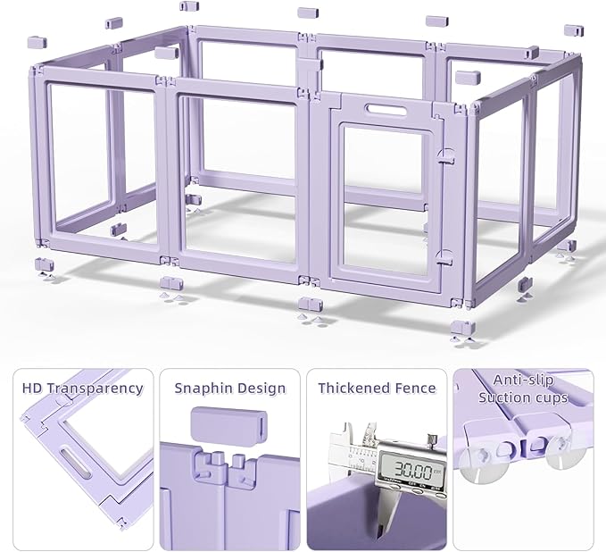 LoveTail DIY Clear Acrylic Dog Playpen House,Quick Easy Assembly and Disassembly,Strong Floor Suction,Indoor and Outdoor Use,Easy Cleansing Puppy Fence (Purple, 23.6" H, 12PCS)