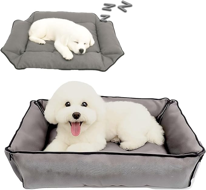 Waterproof Oxford Dog Bed, Foldable Crate Mat for Small Medium Dogs, Orthopedic Pet Cushion with PP Cotton, Chew Resistant, Anti-Slip Base, Indoor Outdoor Washable Portable Bed, Gery