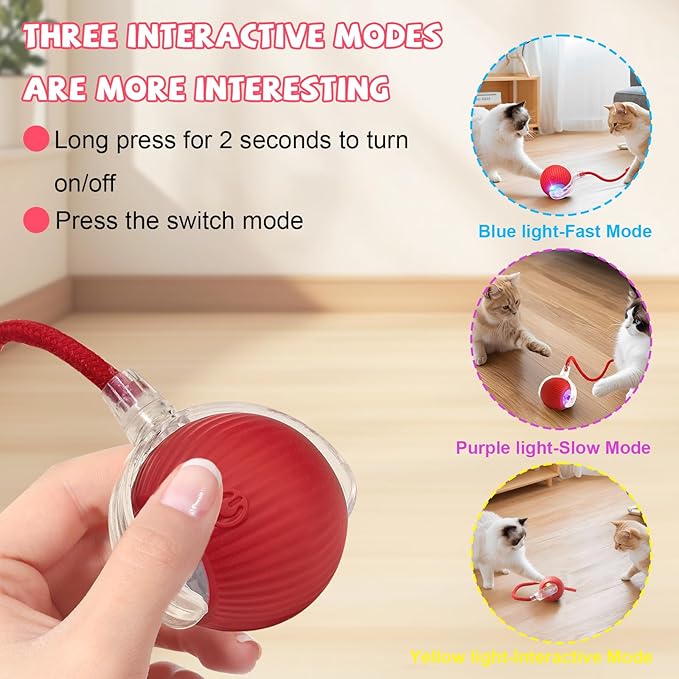 FUICZSN Automatic Interactive Cat Toys Ball, Motion Activated Kitten Toys with Twitchy Tail, 3 Speed Modes & Rechargeable Battery, Fun Indoor Cat Enrichment Toys for Small Medium Large Cats (Red)