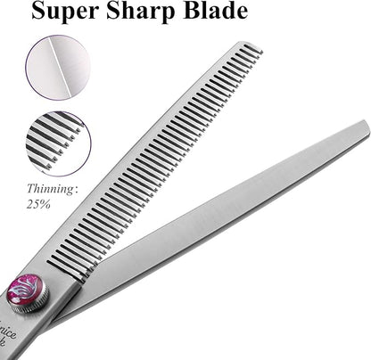 Fenice Peak 8'' Dog Grooming Scissors Set 4PCS Straight Curved Thinning Chunker Shears with Purple Finger Rings and Flashing Screw 440C Stainless Steel Natural Color Trimming Shears Durable and Sharp