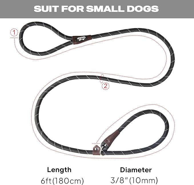 TwoEar 6FT Slip Lead Dog Leash, Heavy Duty Slip Leash for Dogs with Highly Reflective, Strong Rope Slip Leads No Pull Pet Training Leashes for Small Dogs (3/8", Black)