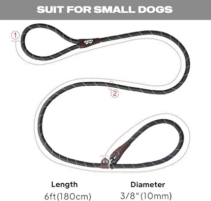 TwoEar 6FT Slip Lead Dog Leash, Heavy Duty Slip Leash for Dogs with Highly Reflective, Strong Rope Slip Leads No Pull Pet Training Leashes for Small Dogs (3/8", Black)