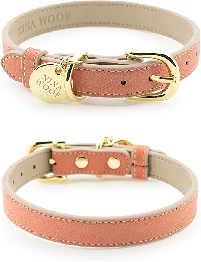 NINA WOOF Rio Vegan Leather Dog Collar - Padded Luxury Dog Collar with Adjustable Buckle - Collar for Dogs, Dog Collar for Small Dogs to Dog Collar for Large Dogs - Color Peach (Extra Small)