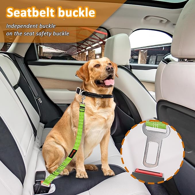 Removable Dog Seat Belt Harness for Car, 3 in 1 Pet Dog Car Seatbelt Leash, Retractable Restraint Secures to Vehicle Headrest & Adjustable Reflective Bungee Dog Seatbelt Tether, Green and Black