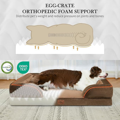 Comfort Expression Orthopedic Dog Bed for Extra Large Dogs 53x42 Inch, Waterproof Supportive Egg Crate Foam XXL Pet Bed with Removable Bolsters, Dog Couch with Washable Cover & Non-Slip Bottom, Brown