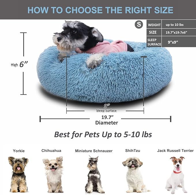 Calming Donut Dogs Beds for Small Dogs Washable,19inch Fluffy Round Puppy Bed for Puppies,Cats & Toy Breeds with Raised Rim,Fits up to 15 lbs Pets,Washed Blue