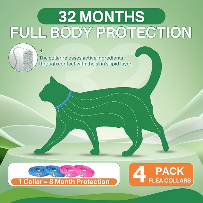 Puyrzoe Flea Collar for Cats 4 Pack, Natural Cat Flea and Tick Prevention Collar, 32-Month Full Protection, Adjustable Cat Flea and Tick for Kittens and Cats, Waterproof, 2 Pink & 2 Blue