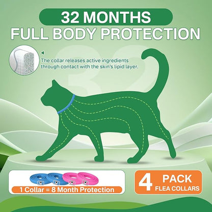 Puyrzoe Flea Collar for Cats 4 Pack, Natural Cat Flea and Tick Prevention Collar, 32-Month Full Protection, Adjustable Cat Flea and Tick for Kittens and Cats, Waterproof, 2 Pink & 2 Blue