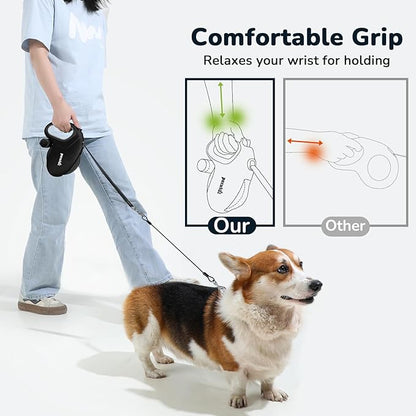 Pecute 32ft Retractable Dog Leash with Poo Bag Holder, Chew Proof Dog Leash with 360° Tangle-Free Extended, Anti-Slip Handle & Quick Brake Button, Suitable for Dogs Up to 110lbs in Weight