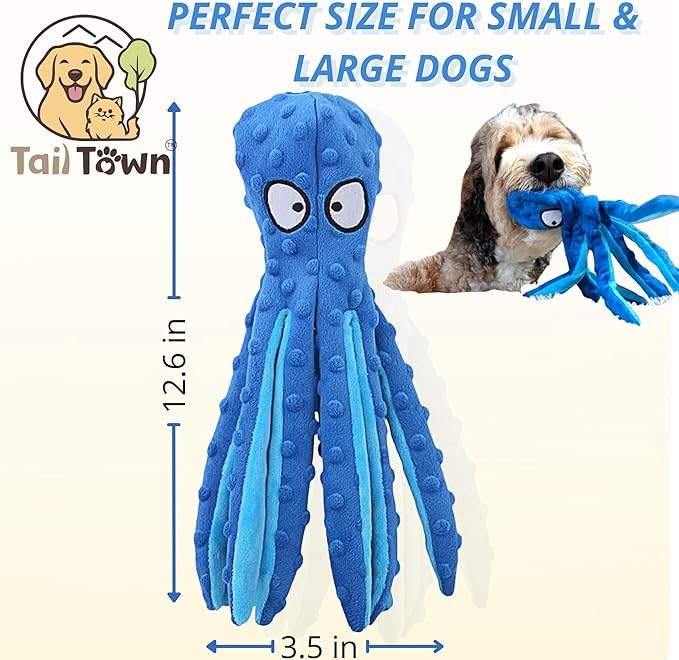 Octopus Dog Toy – Squeaky & Crinkle Plush – No Stuffing Toy for Small, Medium & Large Dogs – Interactive Pet-Safe Soft Toy for Tug, Fetch & Play – Blue– Tail Town