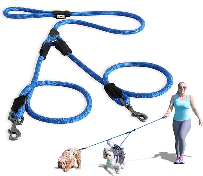 Pawtitas Double Leash for Two Dogs Great for Walking & Training Comfortable Shock Absorbing Reflective Pet Rope Leash for 2 Dogs 6ft - Medium/Large - Blue