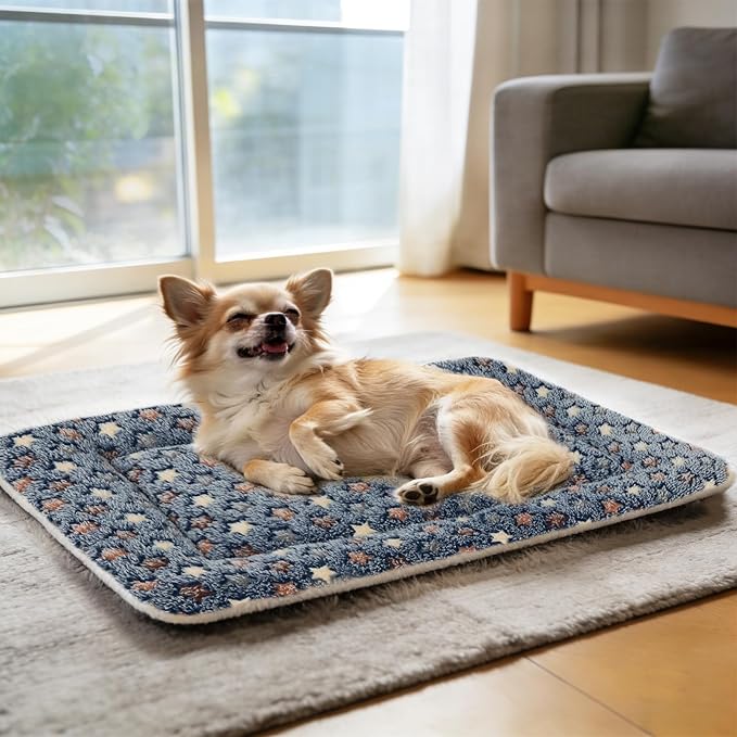 Mora Pets Dog Bed Crate Pad Ultra Soft Pet Bed with Cute Star Print Washable Crate Mat for Large Medium Small Dogs Reversible Fleece Dog Crate Kennel Mat Cat Bed Liner 29 x 21 inch Dark Blue