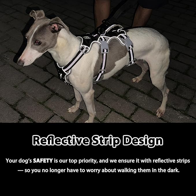 Huntboo Escape Proof Dog Harness, Escape Artist Harness, Reflective Harness with Padded Handle, Breathable, Durable, Adjustable Vest for Medium Dogs Walking, Training, and Running Gear (Black, M)