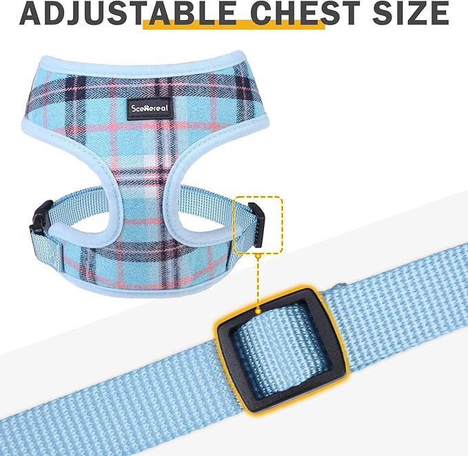 SCENEREAL Puppy Dog Harness with Leash Set for Small Medium Sized Dogs, Soft Mesh Step in Pet Harnesses and Leash, No Chock Plaid Adjustable No Pull Vest for Dogs Cats, Chihuahua,Bulldog (Blue XS)