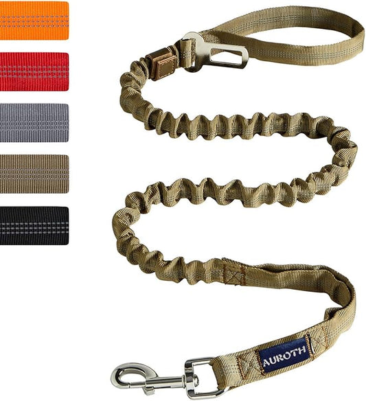 AUROTH Heavy Duty Bungee Dog Leash for Large Breed Dogs, No Pull for Shock Absorption with Car Seat Belt, 2 Padded Handles 4.5Foot 6Foot Training Dog Leash Army Yellow