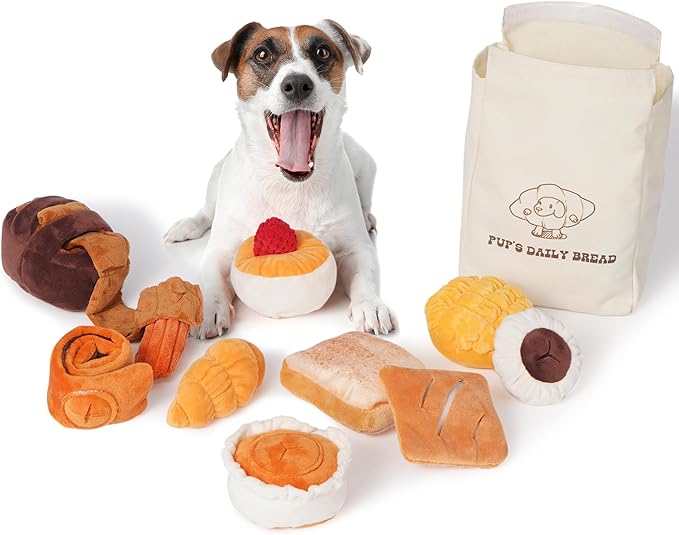 Nocciola 10 PC Dog Squeak Toys - Bread Puppy Toys with Grocery Bag to Keep Them Busy, Small Dog Toys for Boredom, Durable Snuffle Dog Toys for Small Medium Breeds Christmas Stocking Stuffers