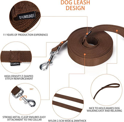 Siumouhoi Strong Durable Nylon Dog Training Leash, 1 Inch Wide Traction Rope, 6 ft 10ft 15ft Long, for Small and Medium Dog (Brown, 15 Feet)