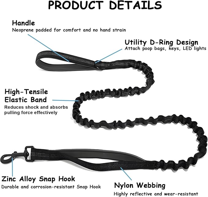Bungee Dog Leash with Shock Absorption, Dual Handles for Pull Control, Reflective Nylon, Zinc Alloy Hook, D-Ring for Poop Bags, Black, M